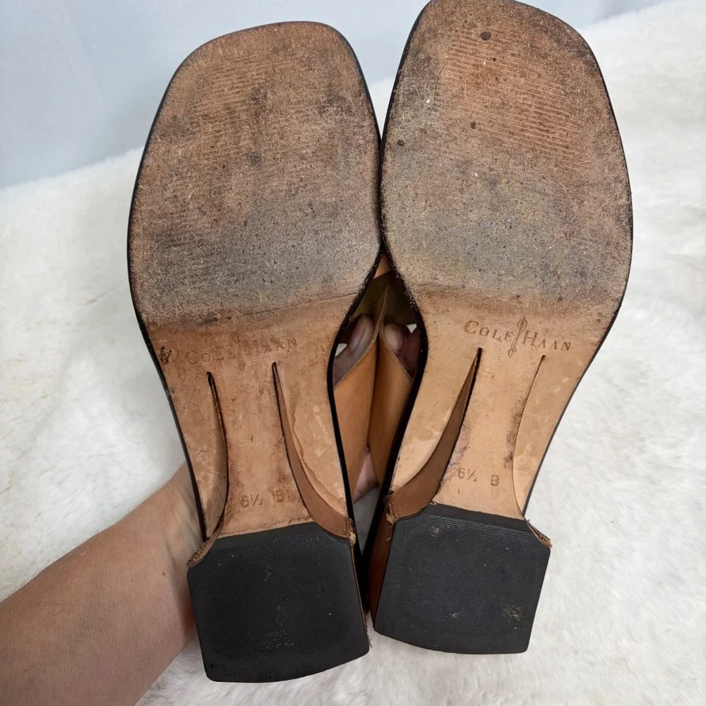Cole Haan Studio Womens 6.5 B Tan Leather Square Toe Block Heel Slide Sandals
